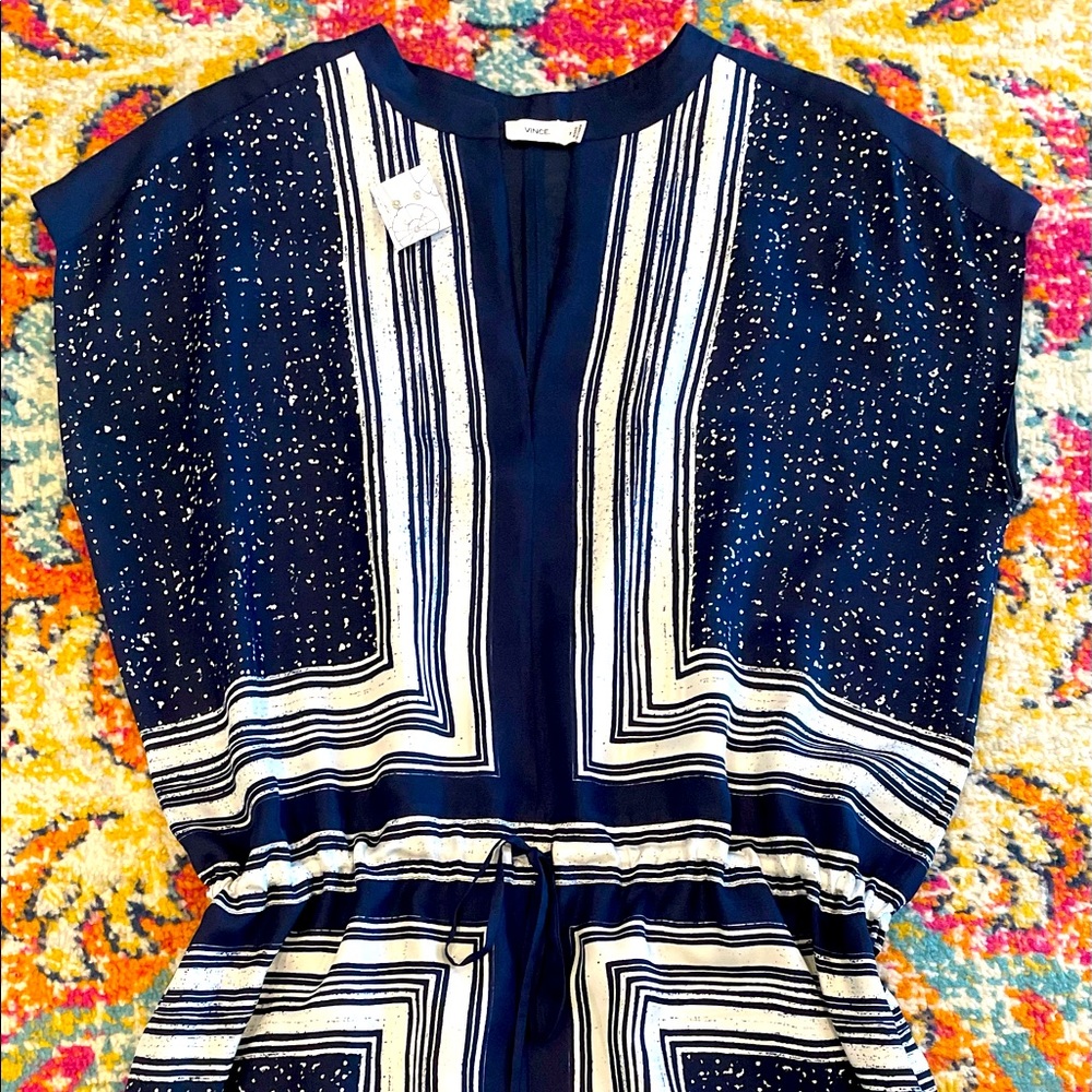 Vince. Blue silk stripe dress. Bonus Anthropology earrings!!